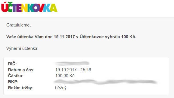 Ukázka výherního emailu v Účtenkovce