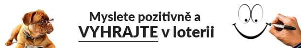 pes(vlevo), text Myslete pozitivně a vyhrajte v loterii (na stredu) a smajlik (vpravo)