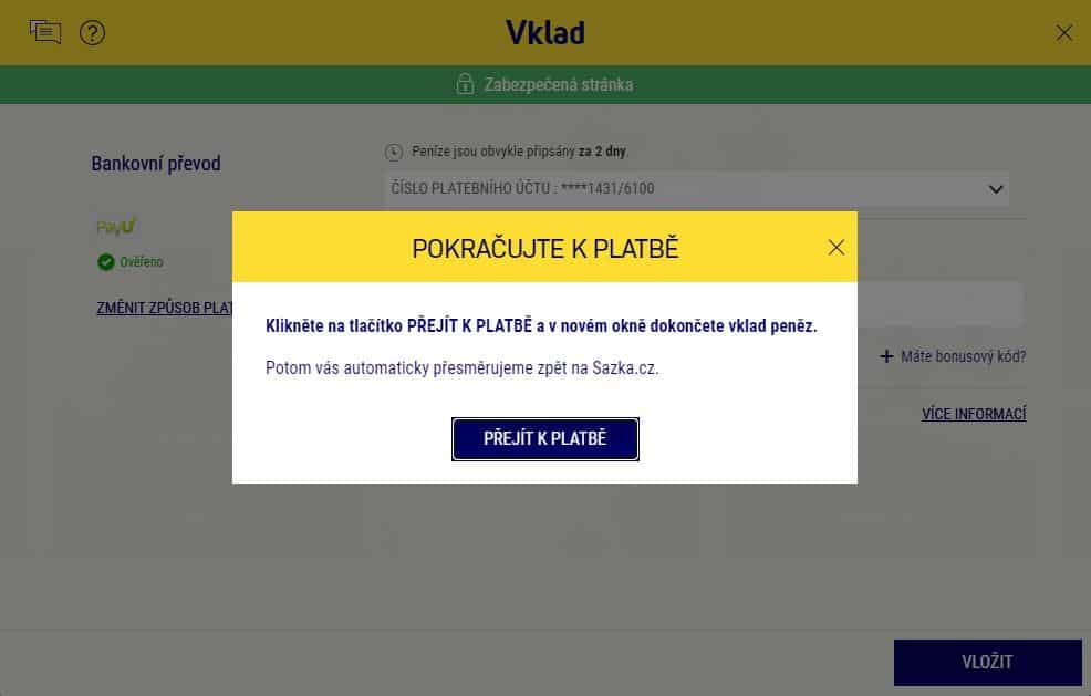 potvrzení platby u sazky