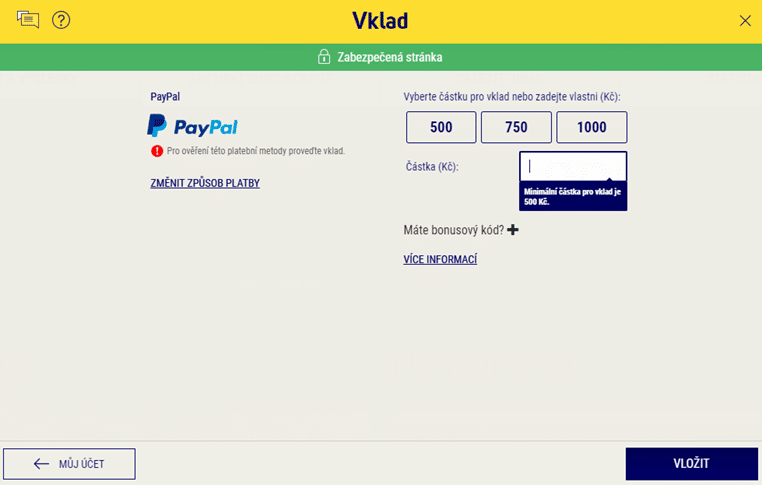 Zvolení částky při vkladu u sazky