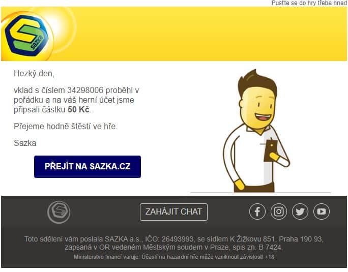 Potvrzení připsané částky u sazky
