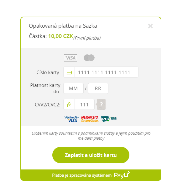 Vyplnění údajů o platební kartě u sazky
