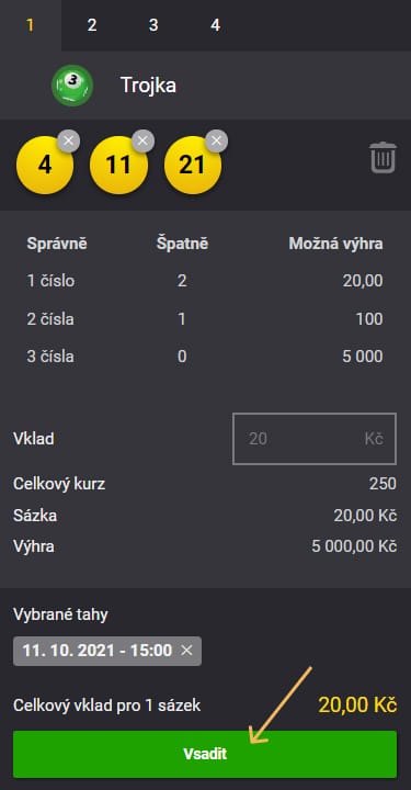 Ukázka vsázení loterie trojka