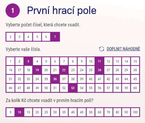 Ukázka výběru čísel Keno