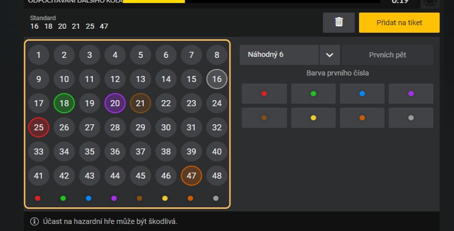 Výběr čísel ukázka Lucky Six