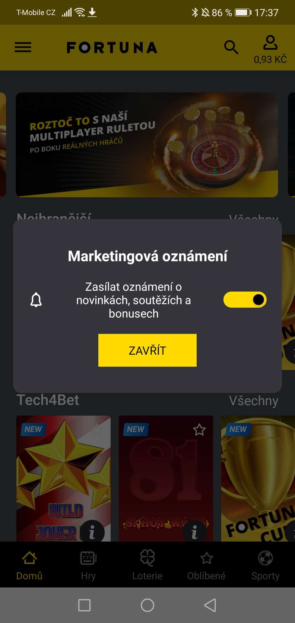 Marketingová oznámení ve Fortuna Aplikaci