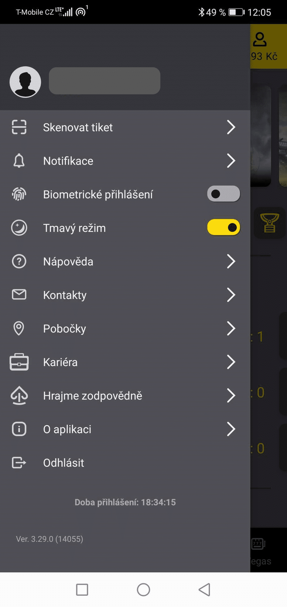 Zapnutí tmavého režimu ve fortuna aplikaci
