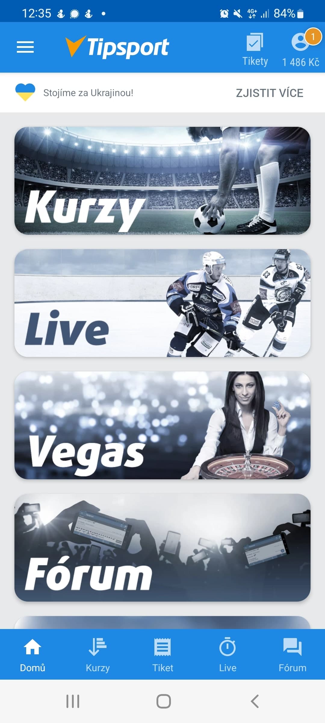 Tipsport aplikace hlavní menu