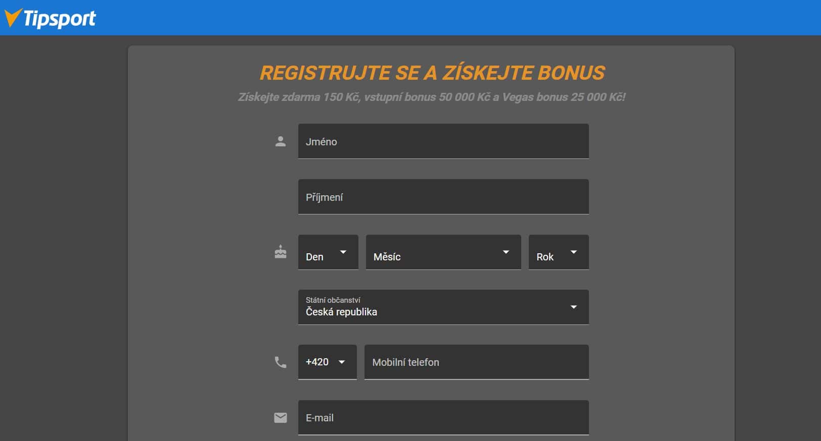 Registrační formulář Tipsport