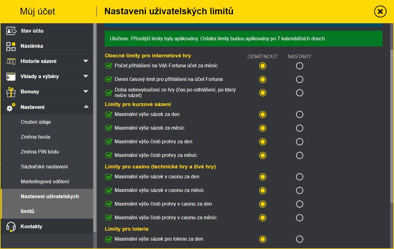 Nastavení limitů u Fortuny