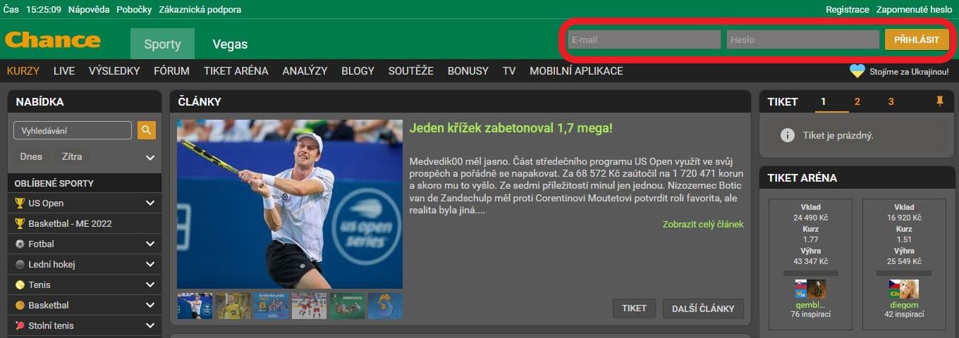 Přihlášení do Chance