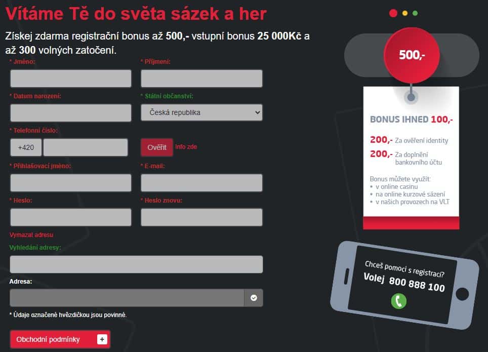 Registrační formulář Synot Tip