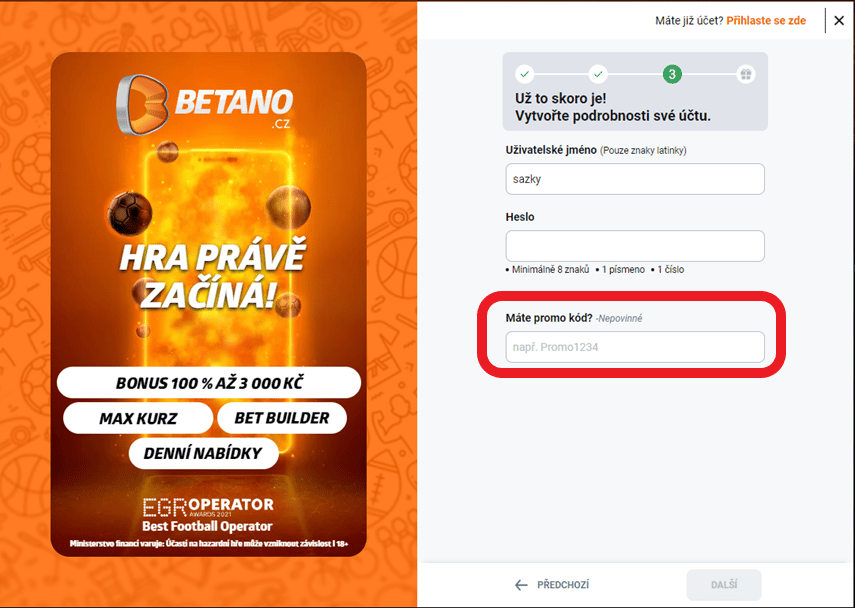 Vlozeni betano promo kodu