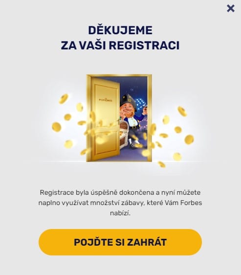Poděkování za registraci do Forbes casina