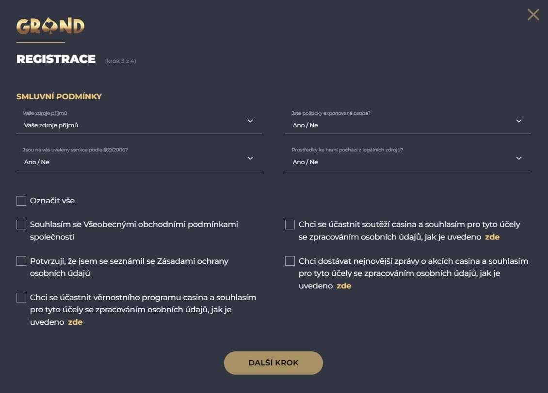 Třetí krok registrace do GrandWin Casina
