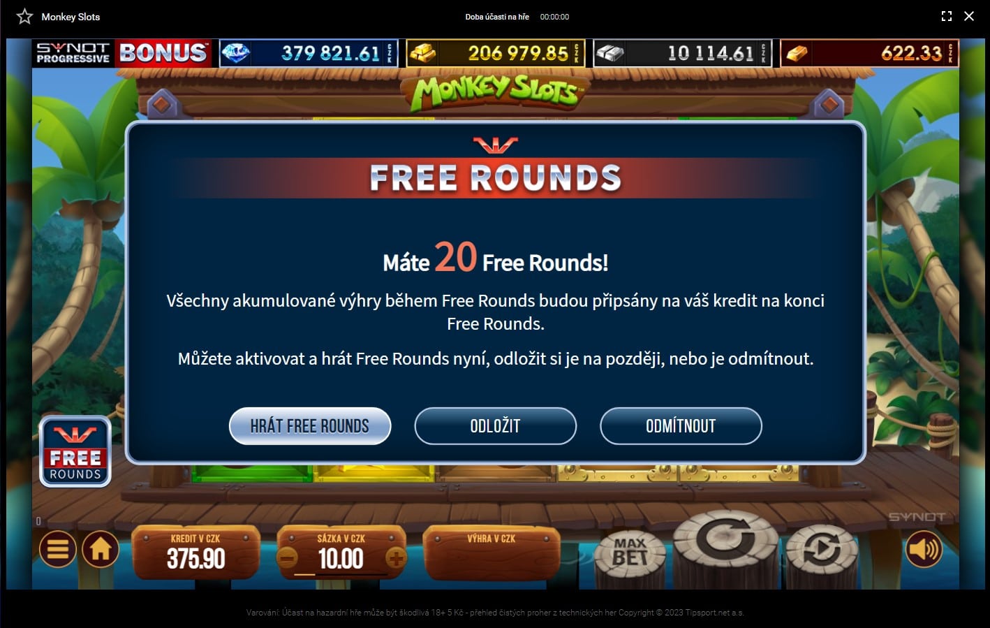 20 FS Monkey slots vyzvednutí