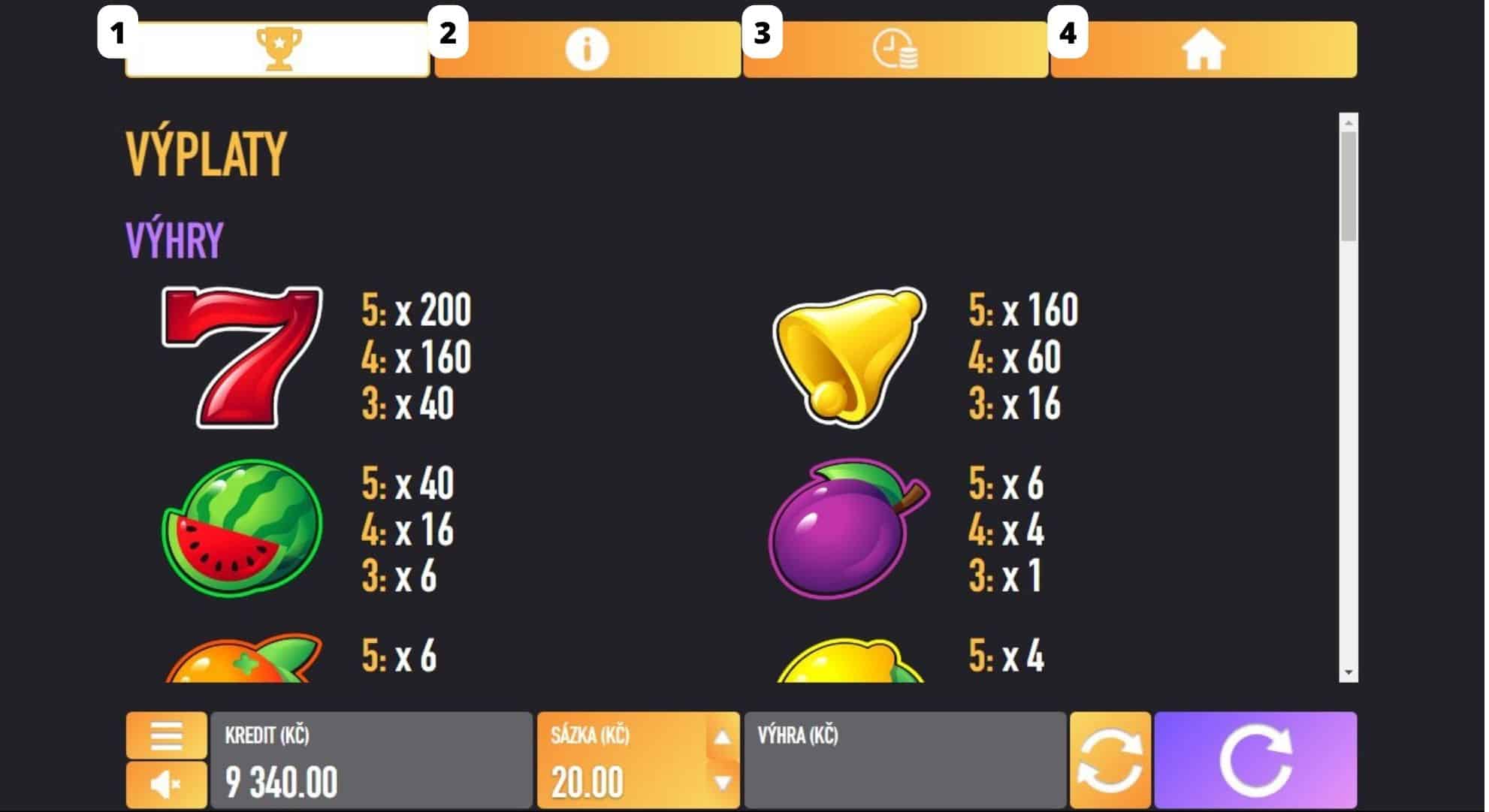 Bonus Fruit online automat Menu