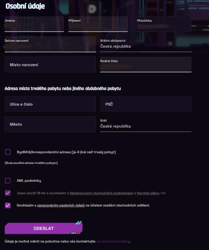Doplnění osobních údajů Tokyo casino