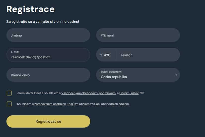 Registrační formulář Vsaď a Hrej
