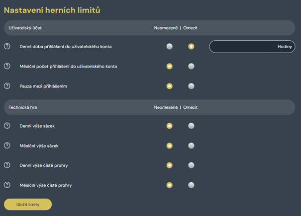 Vsaď a hrej nastavení limitů