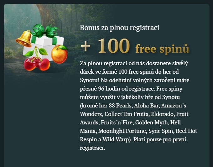 Registrační bonus 100 FS v casinu Kartáč