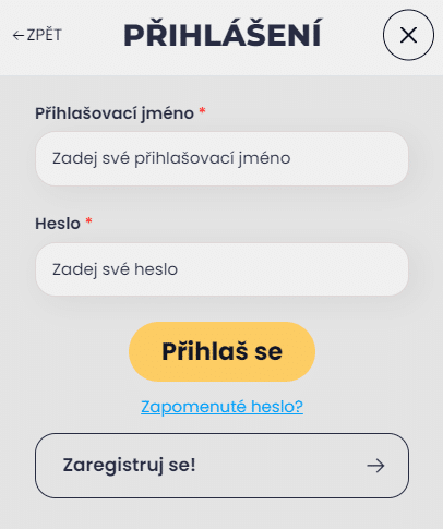 Okno pro přihlášení v eCasino.cz