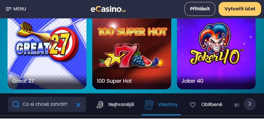 eCasino.cz mobilní rozhraní