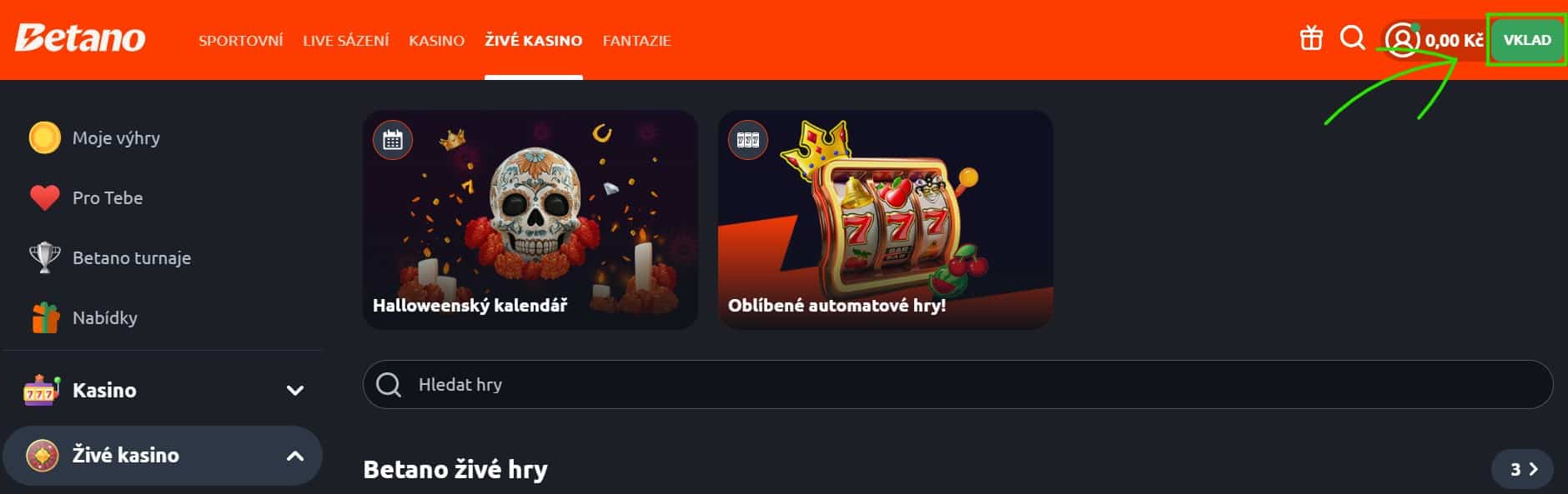 Vklad u Betana do live casina