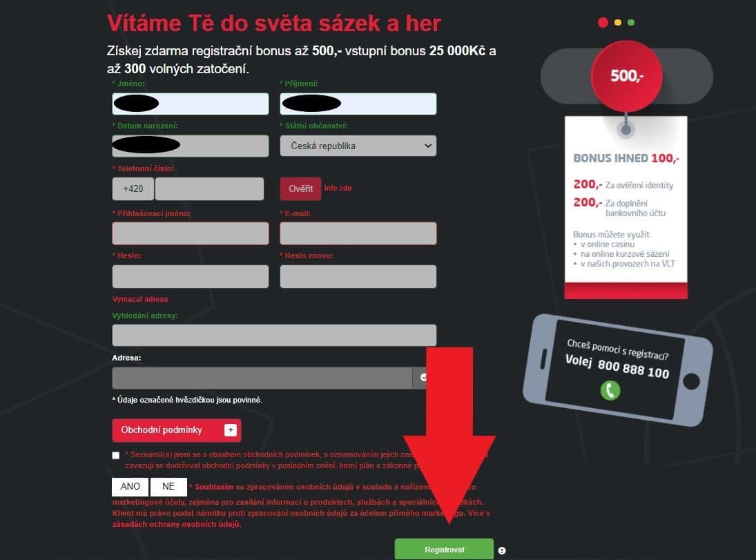 Synottip registrační formulář