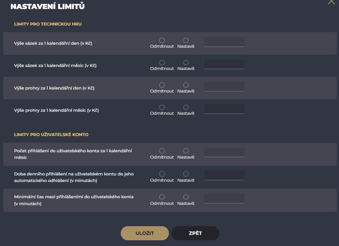 Nastavení herních limitů u Grandwinu
