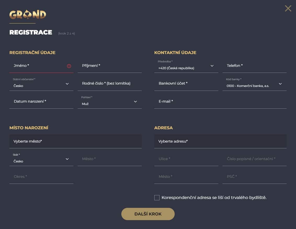 Registrační formulář Grandwin